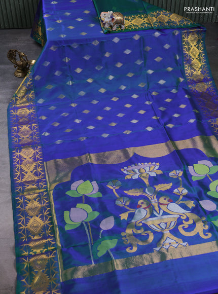 Venkatagiri Silk Saree dual tone bluish green with silver & gold zari woven geometric buttas and jamdhani weaving pallu