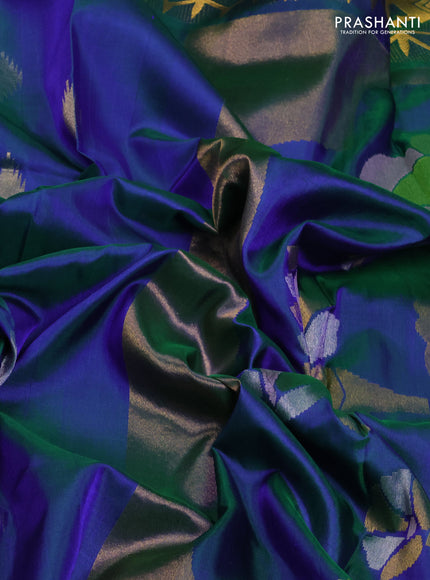 Venkatagiri Silk Saree dual tone bluish green with silver & gold zari woven geometric buttas and jamdhani weaving pallu