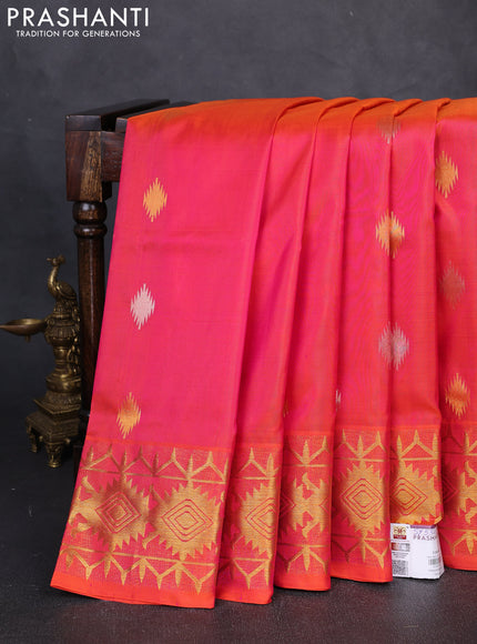Venkatagiri Silk Saree dual tone pinkish orange with silver & gold zari woven geometric buttas and jamdhani weaving pallu