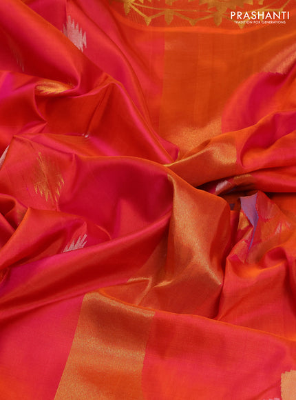 Venkatagiri Silk Saree dual tone pinkish orange with silver & gold zari woven geometric buttas and jamdhani weaving pallu
