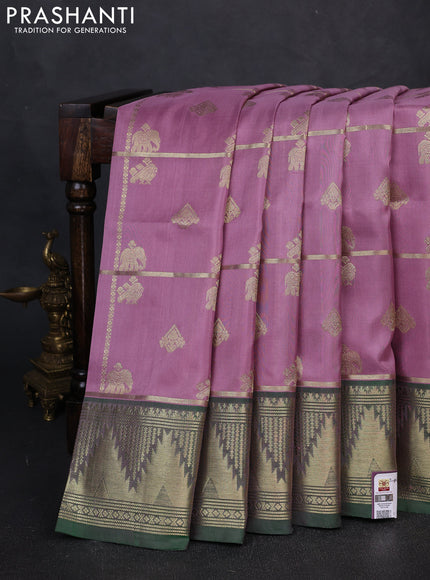 Venkatagiri Silk Saree pastel pink and green with allover zari checks & buttas and rich temple zari woven border