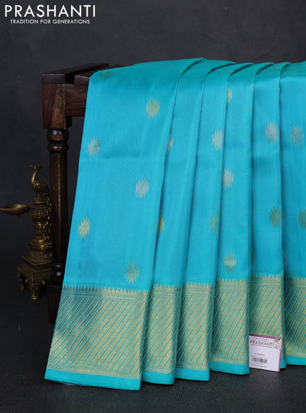 Venkatagiri Silk Saree teal blue with silver & gold zari woven geometric buttas and jamdhani weaving pallu