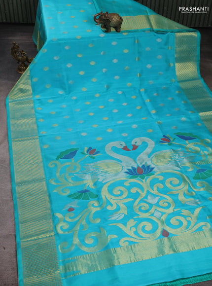 Venkatagiri Silk Saree teal blue with silver & gold zari woven geometric buttas and jamdhani weaving pallu