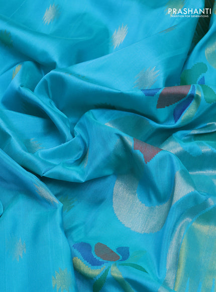 Venkatagiri Silk Saree teal blue with silver & gold zari woven geometric buttas and jamdhani weaving pallu