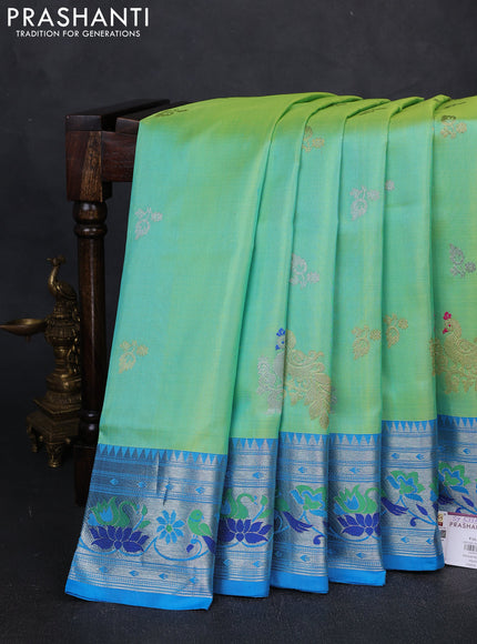 Venkatagiri Silk Saree dual tone pista green and cs blue with silver & gold zari woven buttas and silver zari woven paithani style border