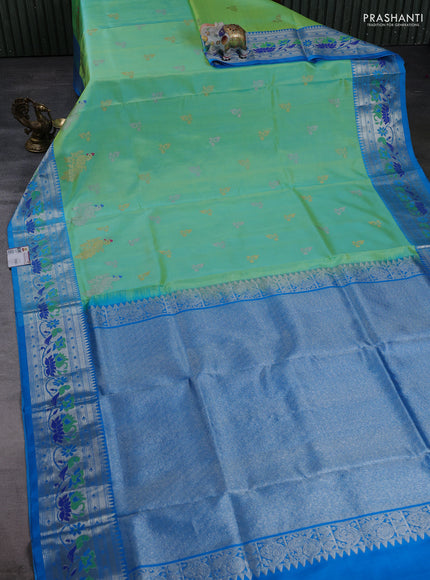 Venkatagiri Silk Saree dual tone pista green and cs blue with silver & gold zari woven buttas and silver zari woven paithani style border