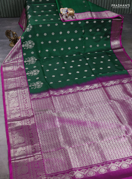 Venkatagiri Silk Saree green and purple with zari woven buttas and annam silver zari woven border