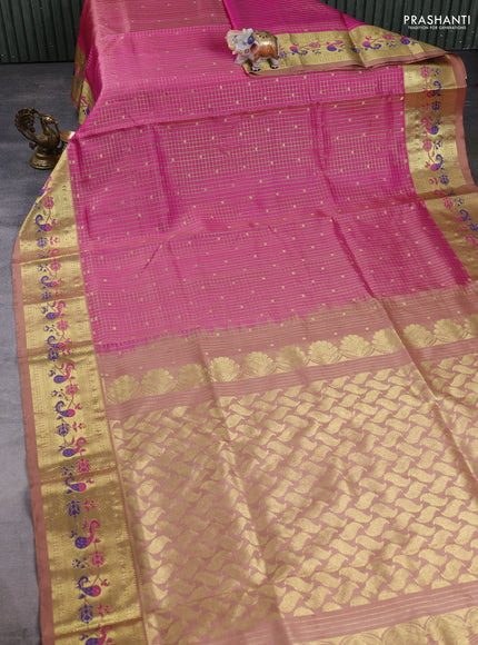 Venkatagiri Silk Saree pink and pastel peach with allover small zari checks & buttas and zari woven paithani style border