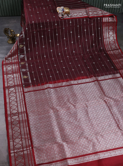 Venkatagiri Silk Saree deep maroon and maroon with allover silver zari weaves & buttas and rich silver zari woven border
