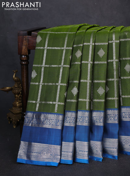Venkatagiri Silk Saree mehendi green and cs blue with allover silver zari checks & buttas and rettapet zari woven border