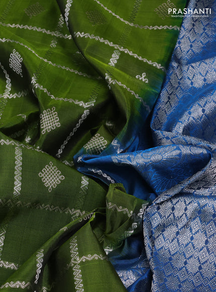 Venkatagiri Silk Saree mehendi green and cs blue with allover silver zari checks & buttas and rettapet zari woven border