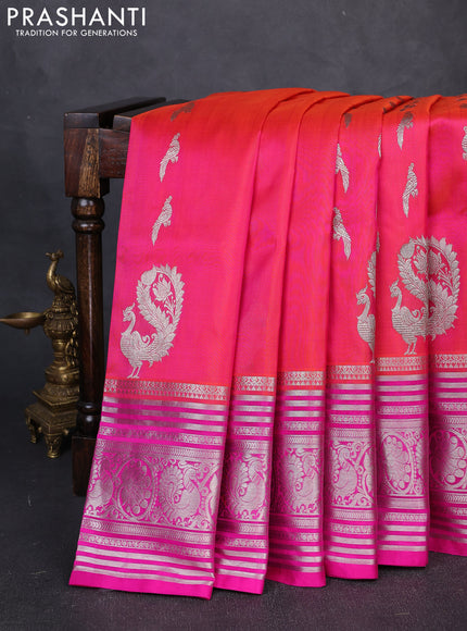 Venkatagiri Silk Saree dual tone pinkish orange and pink with silver zari woven buttas and rich silver zari woven border