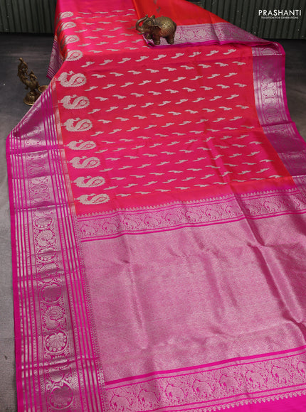 Venkatagiri Silk Saree dual tone pinkish orange and pink with silver zari woven buttas and rich silver zari woven border