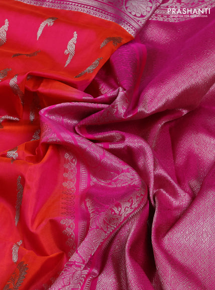 Venkatagiri Silk Saree dual tone pinkish orange and pink with silver zari woven buttas and rich silver zari woven border