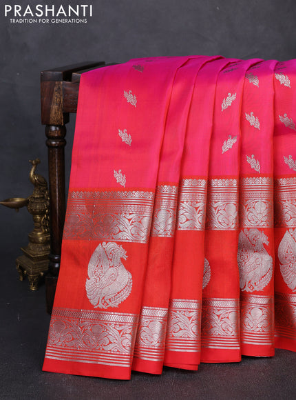 Venkatagiri Silk Saree candy pink and red with allover silver zari woven buttas and long silver zari woven annam butta border