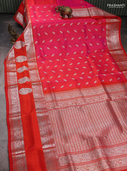 Venkatagiri Silk Saree candy pink and red with allover silver zari woven buttas and long silver zari woven annam butta border