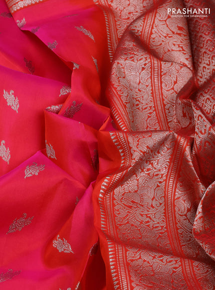 Venkatagiri Silk Saree candy pink and red with allover silver zari woven buttas and long silver zari woven annam butta border