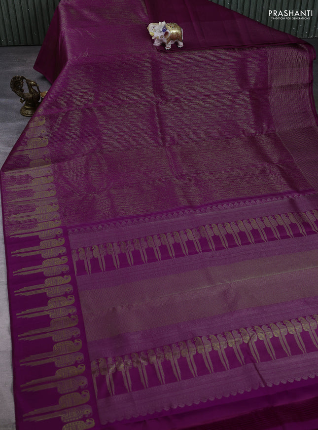 Pure kanchipuram silk saree purple with allover zari woven brocade weaves and long parrot design zari woven border