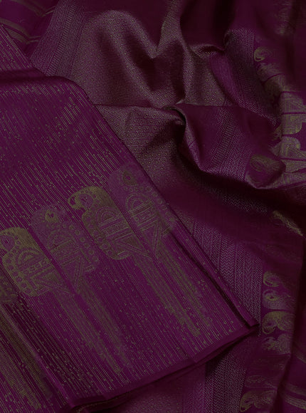 Pure kanchipuram silk saree purple with allover zari woven brocade weaves and long parrot design zari woven border