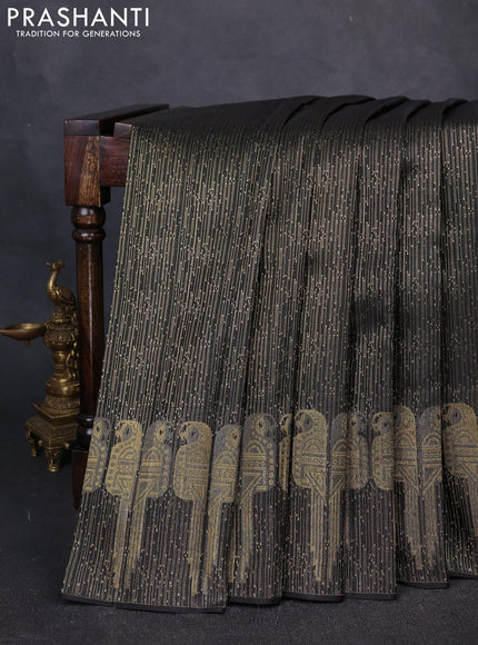 Pure kanchipuram silk saree black with allover zari woven brocade weaves and long parrot design zari woven border