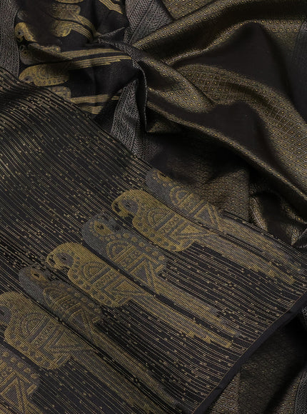 Pure kanchipuram silk saree black with allover zari woven brocade weaves and long parrot design zari woven border