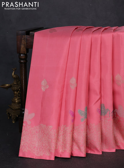Pure kanchipuram silk saree peach with silver zari woven buttas and rich zari woven border