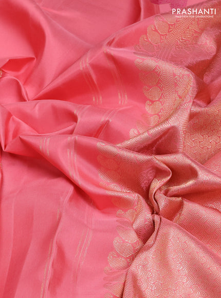 Pure kanchipuram silk saree peach with silver zari woven buttas and rich zari woven border