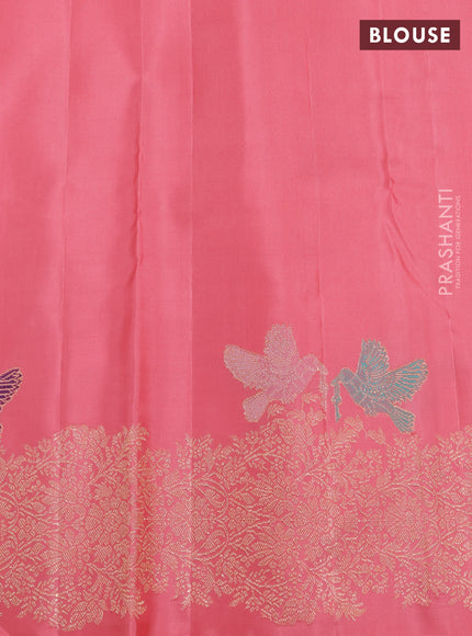 Pure kanchipuram silk saree peach with silver zari woven buttas and rich zari woven border