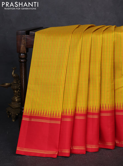 Pure kanchipuram silk saree yellow and red with allover small checked pattern and temple design rettapet zari woven border