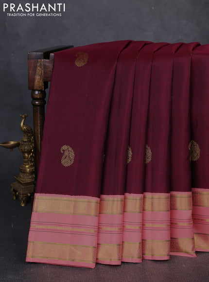 Pure kanchipuram silk saree maroon and peach with paisley zari woven buttas and rich zari woven border