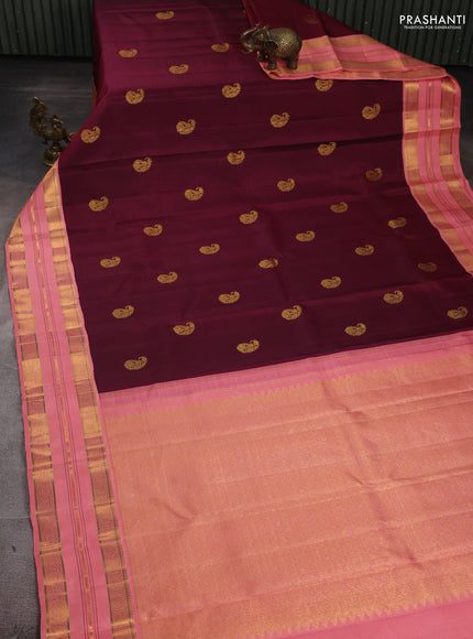 Pure kanchipuram silk saree maroon and peach with paisley zari woven buttas and rich zari woven border