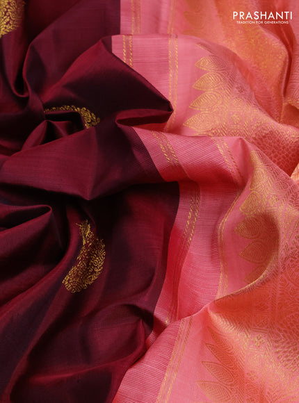 Pure kanchipuram silk saree maroon and peach with paisley zari woven buttas and rich zari woven border