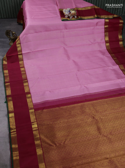 Pure kanchipuram silk saree light pink and maroon with allover zari woven small checked pattern and long rettapet zari woven korvai border