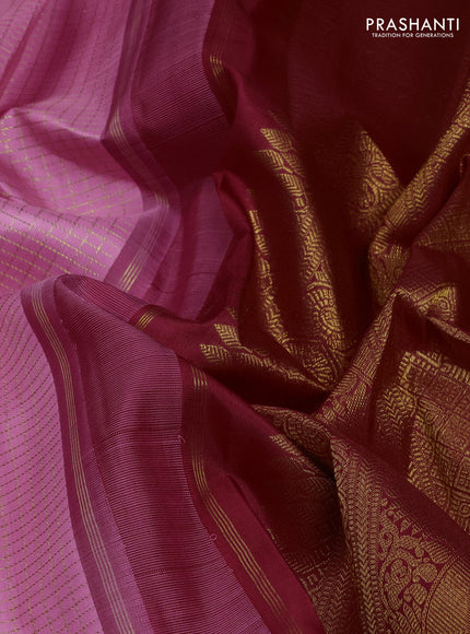 Pure kanchipuram silk saree light pink and maroon with allover zari woven small checked pattern and long rettapet zari woven korvai border