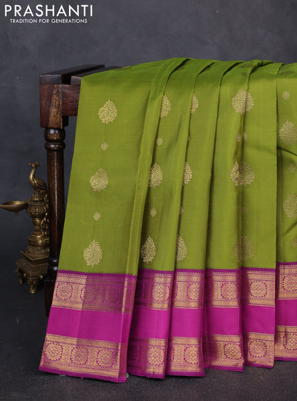 Pure kanchipuram silk saree mehendi green and purple with zari woven buttas and rettapet zari woven border