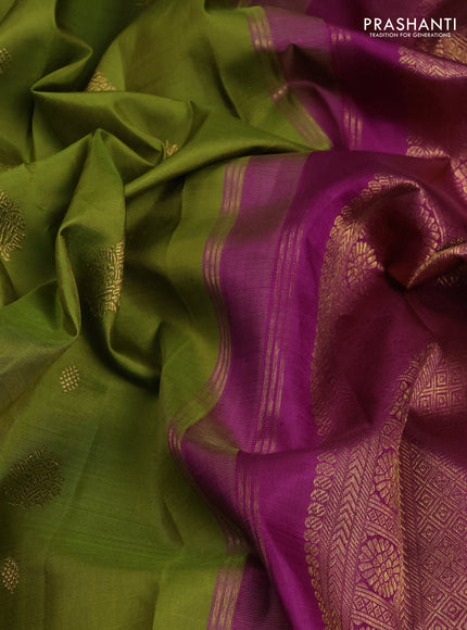 Pure kanchipuram silk saree mehendi green and purple with zari woven buttas and rettapet zari woven border