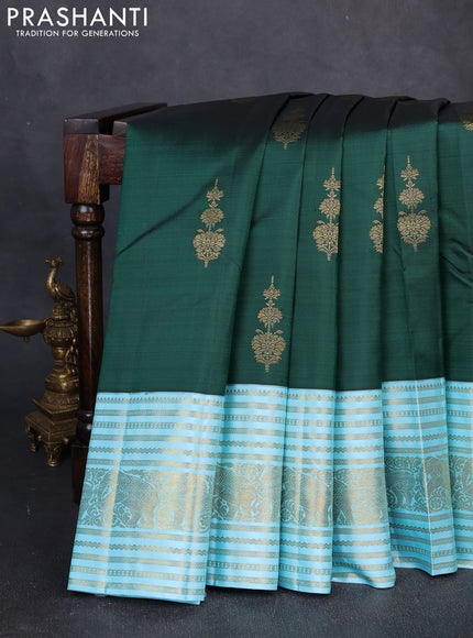 Pure kanchipuram silk saree dark green and light blue with zari woven buttas and zari woven border