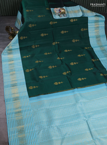 Pure kanchipuram silk saree dark green and light blue with zari woven buttas and zari woven border