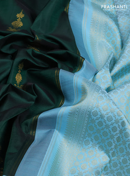Pure kanchipuram silk saree dark green and light blue with zari woven buttas and zari woven border