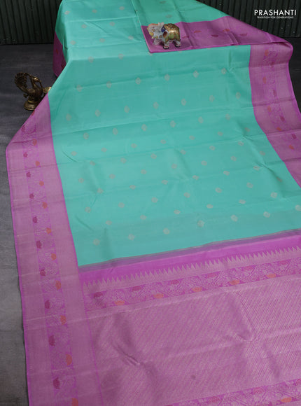 Pure kanchipuram silk saree teal and mild lavender with silver zari woven buttas and rich silver zari woven border
