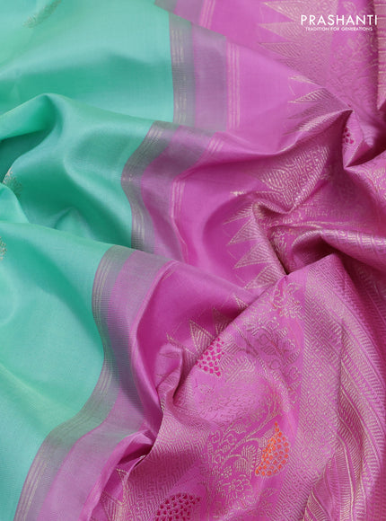 Pure kanchipuram silk saree teal and mild lavender with silver zari woven buttas and rich silver zari woven border