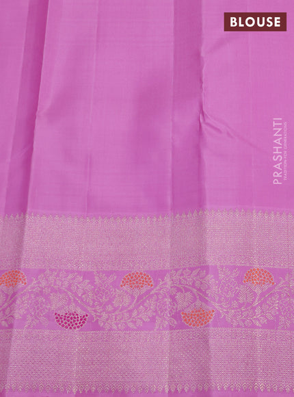 Pure kanchipuram silk saree teal and mild lavender with silver zari woven buttas and rich silver zari woven border