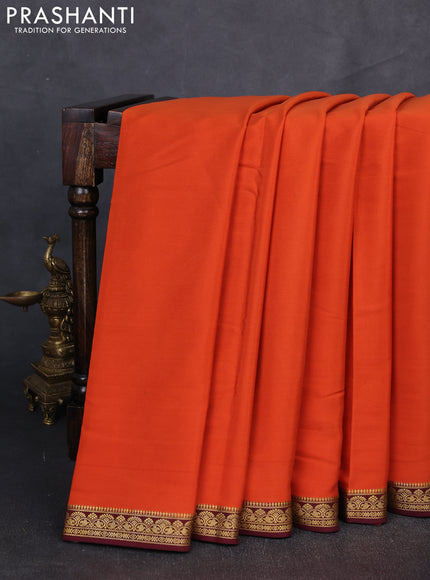 Pure mysore silk saree rustic orange and coffee brown with plain body and zari woven border