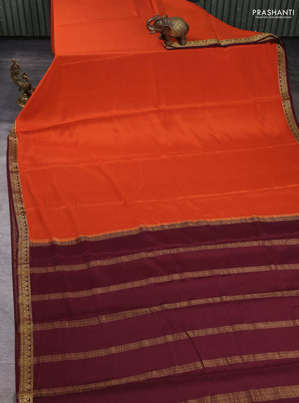 Pure mysore silk saree rustic orange and coffee brown with plain body and zari woven border