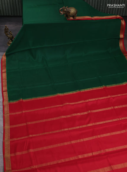 Pure mysore silk saree green and red with plain body and zari woven border