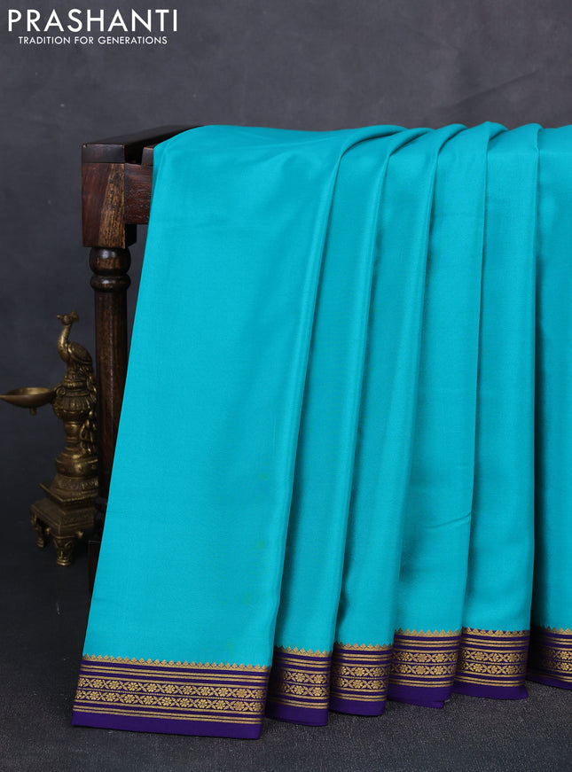 Pure mysore silk saree teal blue and blue with plain body and zari woven border