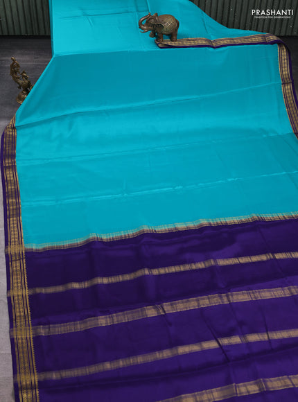 Pure mysore silk saree teal blue and blue with plain body and zari woven border