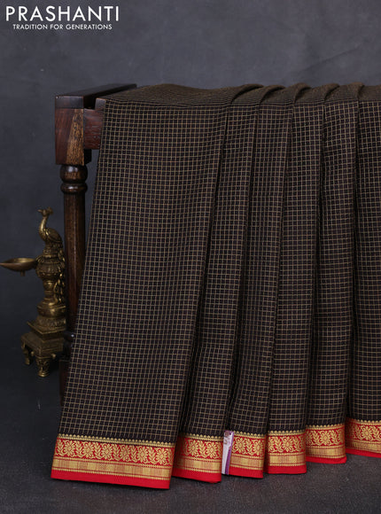 Pure mysore silk saree coffee brown and red with allover small zari checked pattern and zari woven border