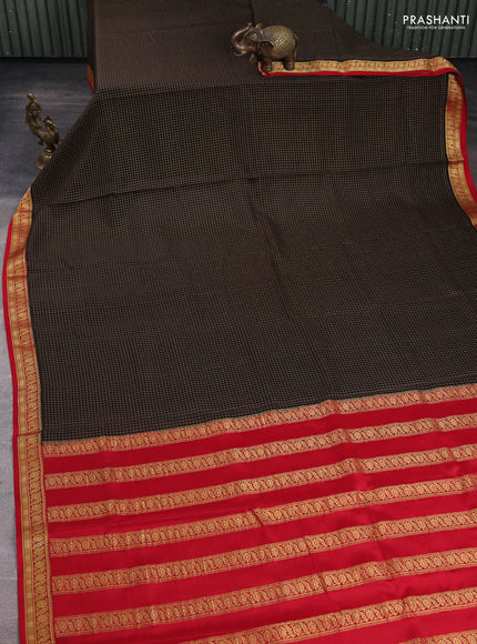Pure mysore silk saree coffee brown and red with allover small zari checked pattern and zari woven border
