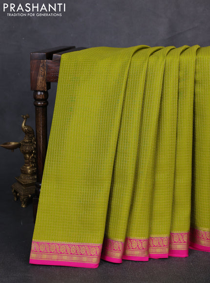 Pure mysore silk saree light green and pink with allover small zari checked pattern and zari woven border